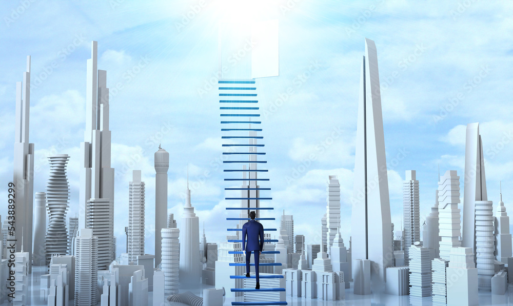 Successful businessman climbing up the stairs in the big modern City ...