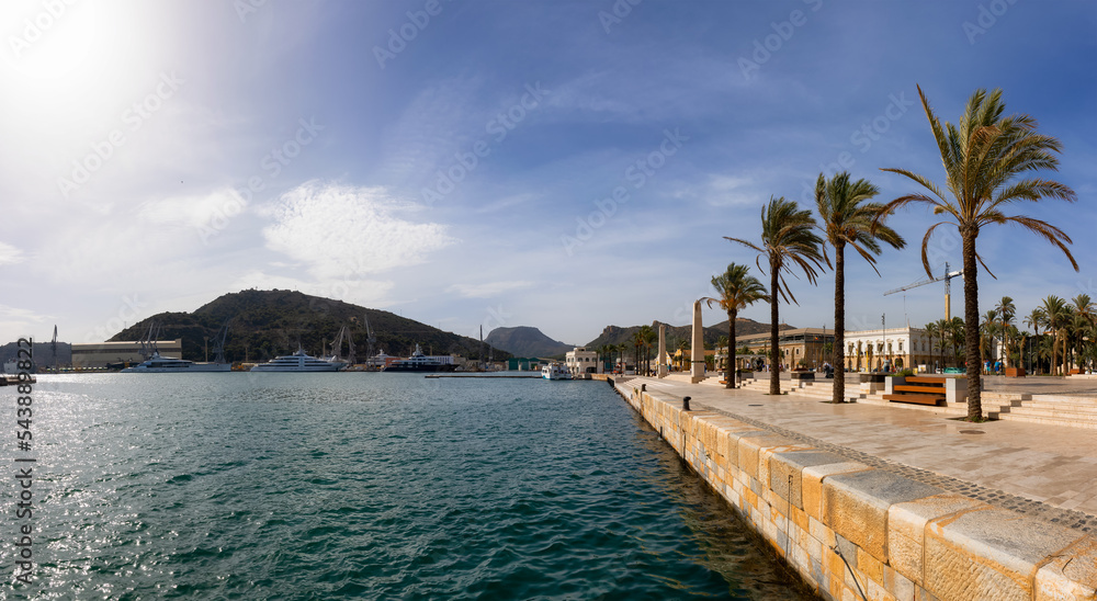 Panoramic View of the Marina and Port in a historic city of Cartagena, Spain. Sunny Morning.