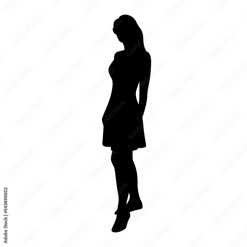 Slender beautiful girl stands black silhouette. Female abstract image isolated vector illustration. Young adult woman in dress posing