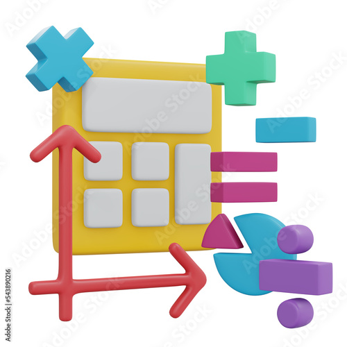 3d render of set of math tool icon mathematical symbol calculator pie chart and graph cartoon style