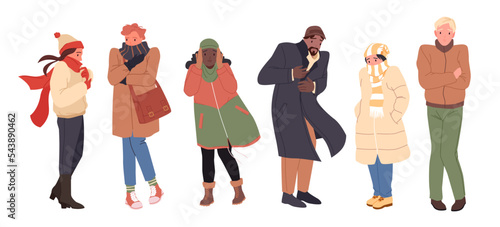 Cartoon isolated sad male and female characters wearing warm jacket, hat and gloves, suffering from low temperature outdoor. Frozen people in casual outerwear in cold season set vector illustration