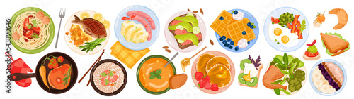 Cartoon isolated cereal breakfast with fruit in bowl, avocado and salmon morning toast, fried bacon and eggs, fish and meat with vegetables in pan top view. Tasty food set vector illustration