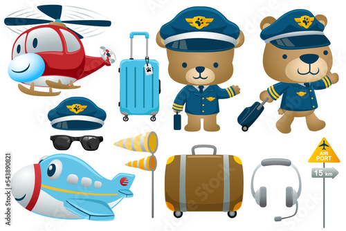 Vector illustration of funny bear cartoon in pilot costume, flight elements
