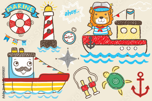 Vector illustration of hand drawn nautical elements, lion cartoon on boat