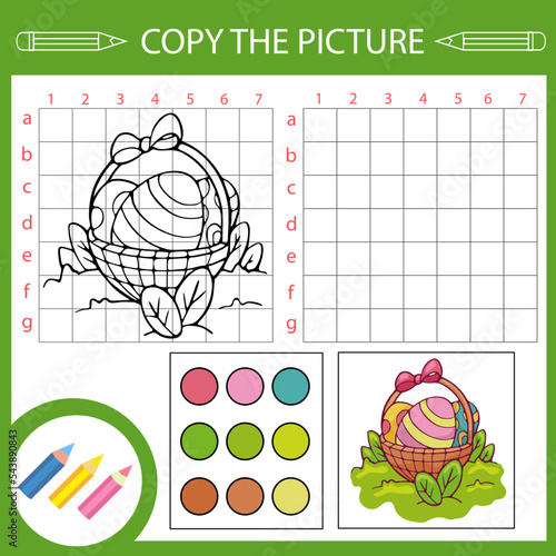 To copy redraw drawing of basket with easter eggs. Kids activity page and draw worksheet. Vector education game. Children art lesson.