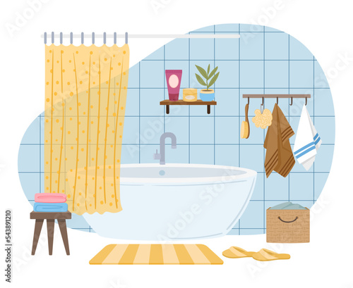 Cartoon bathroom interior, modern furniture, bath tub, potted plants and rug. Cozy washroom interior, foamy bathtub and towels vector illustration. Scandinavian bathroom interior