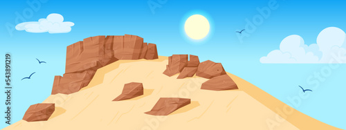 Cartoon desert landscape, sand rocks view. Western canyon rock landscape flat vector background illustration. Sand desert rock view