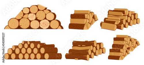 Cartoon firewood piles, wooden logs and stacked bonfire firewoods. Lumber bonfire twigs, wood industry materials vector symbols illustration set. Bonfire wooden logs