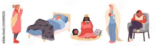 Sad people suffering from low temperature at home set vector illustration. Cartoon isolated male and female characters wearing warm clothes and blanket, drinking hot drink, warmed up with heater
