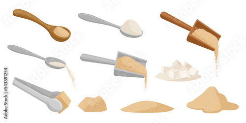 Cartoon sugar, sweet cooking ingredient in spoon. Sugar cube or powder, white and brown sugar seasoning flat vector illustration set. Sweet cooking product collection