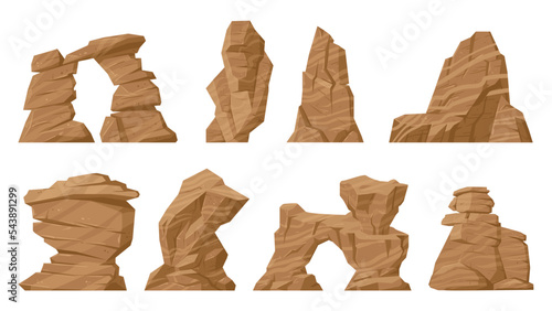 Desert rocks, sand stone canyon elements. Cartoon desert rocks landscape, nature brown cracked mountain pieces flat vector symbols collection. Western canyon rock set