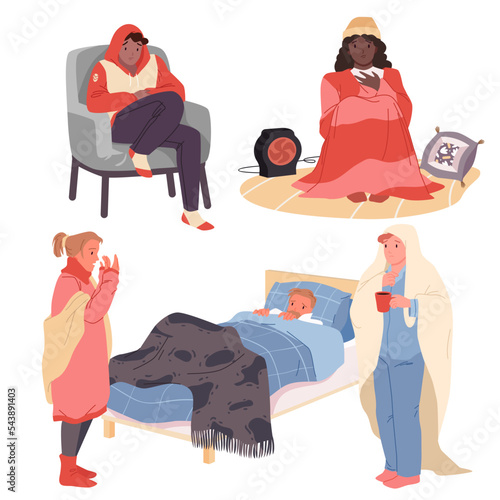 Cartoon isolated male and female characters wearing warm clothes and blanket, drinking hot drink, warmed up with heater. Sad people suffering from low temperature at home set vector illustration