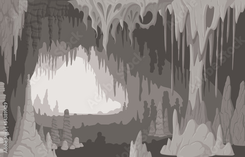 Stalactites and stalagmites cave, nature limestone cavern. Cartoon geology mineral growth formation, natural rocks arch flat vector illustration. Limestone formation cave