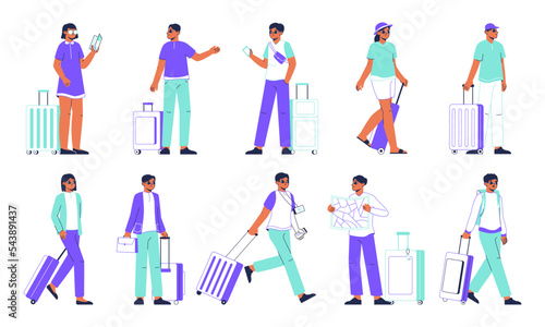 Tourist with luggage, travelling with suitcase and backpack. Walking and waiting travellers with luggage, tourist on vacation vector illustrations set. Travellers characters