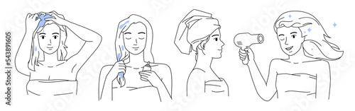 Girls wash hair with shampoo, apply organic moisturizer product and dry with towel and hairdryer, lifestyle routine of lady banner. Home hair care and treatment outline set vector illustration
