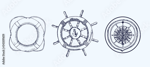 Lifebuoy, Steering wheel, Compass, hand drawn doodle, sketch, black and white vector illustration