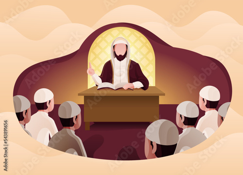 Arab Muslim or Moslem Scholar Teaching in Front of Audience in Mosque Cartoon Illustration