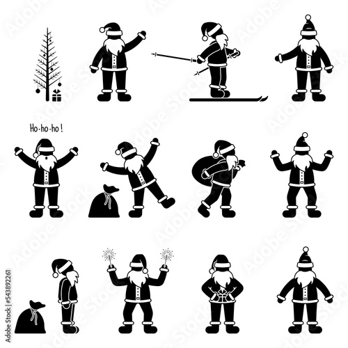 Happy stick figure Santa Claus man vector illustration set. Waving, skiing, sparklers party with presents bag icon stickman pictogram