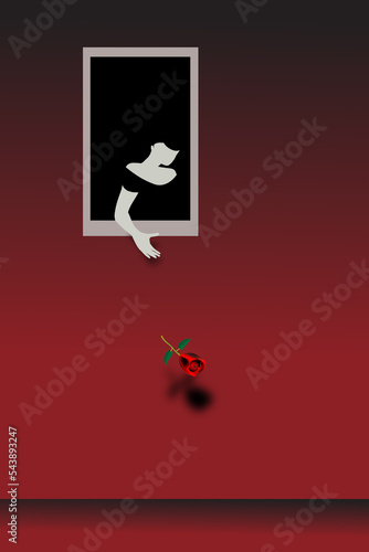 A rose falls from the hand of a woman in a window.