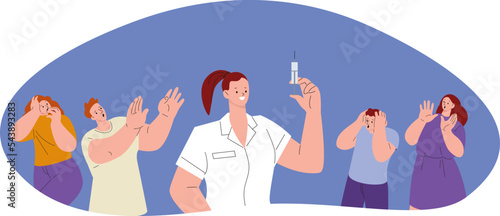 Anti vaxxers and doctor with syringe. People scared vaccination, man woman in panic looking at medicine. Fear of injection, vector adults phobia concept