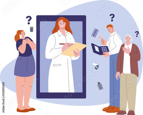 Telemedicine vector concept. Doctor on smartphone screen and patients with questions wait recipe and medications. Old woman and young man and girl