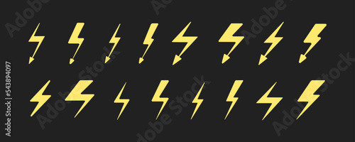 Thunderbolt yellow icons, energy or power collection. Light flash symbols, energetic electricity arrows collection