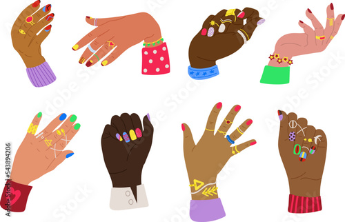 Female hands with manicure colors nails. Jewelry beauty on fingers, trendy rings and girls accessories. Women hand and nail-up varnish, decent vector set
