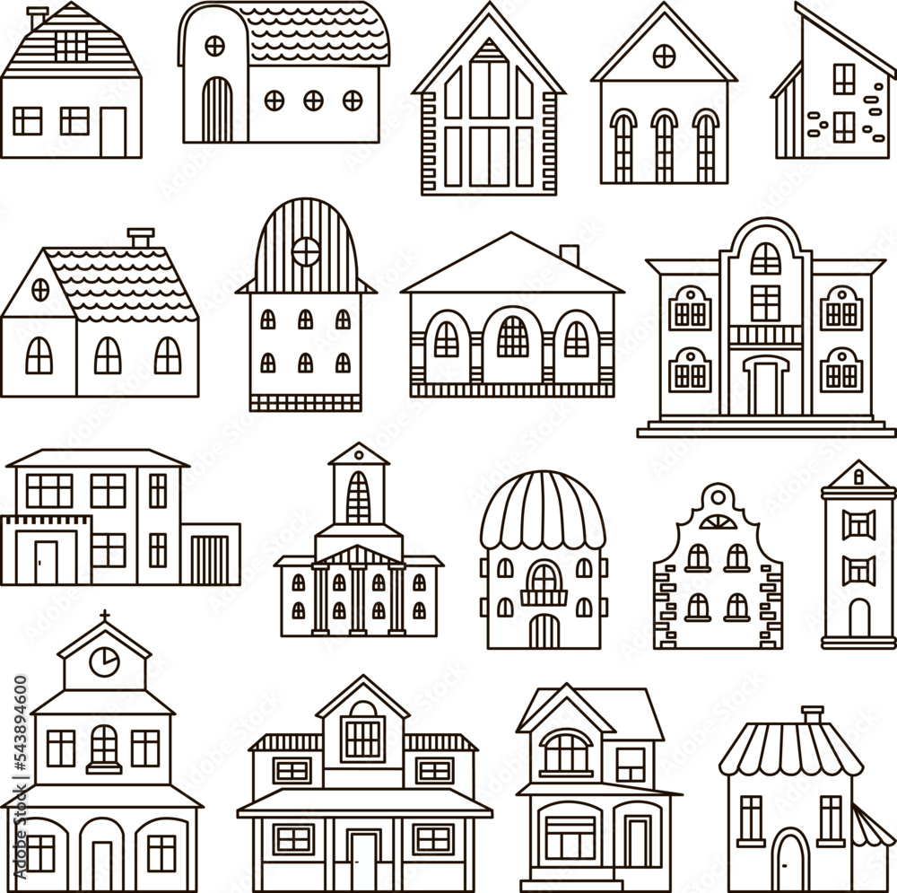 Doodle line different houses. Hand drawn house, cute simple scandinavian architect buildings. Small village home, neoteric rustic architecture set
