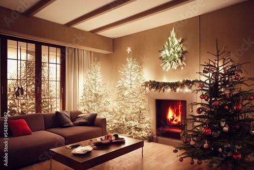 Living room home interior with christmas tree and fireplace
