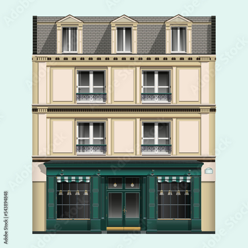 European oldfashioned brick building in realistic style. Facade front view of oldfashioned house.