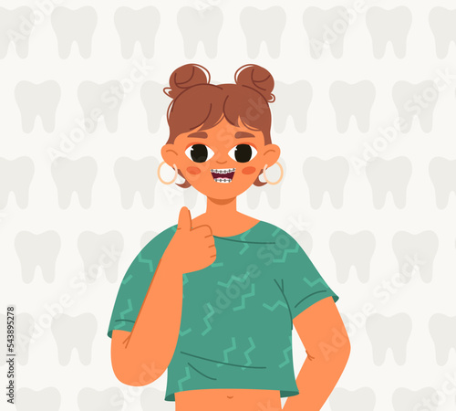 Smile with dental braces. Teen girl wear teeth brace, modern young character orthodontic treatment. Dental service, stomatology positive snugly vector person