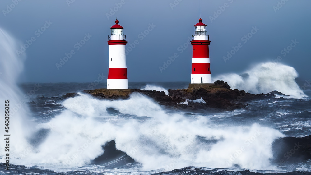 Large stormy waves on the ocean with a lighthouse, white foam of the waves. Seascape with lighthouse, storm on the sea.