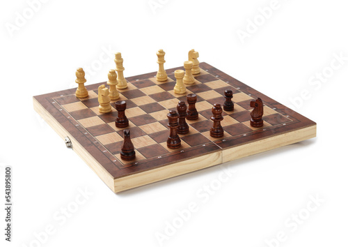 A chessboard with walking figures placed on a white background. Strategy game.
