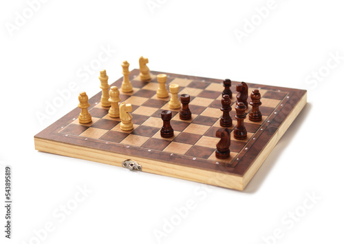 A chessboard with walking figures placed on a white background. Strategy game.