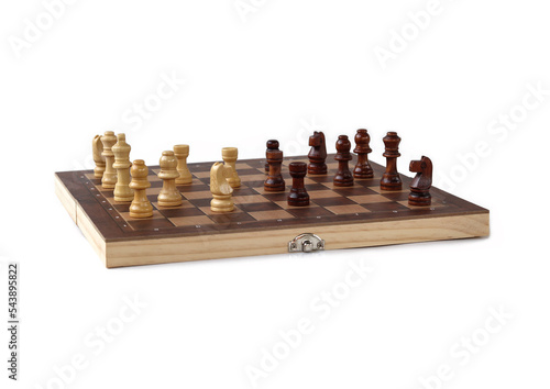 A chessboard with walking figures placed on a white background. Strategy game.
