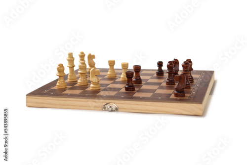 A chessboard with walking figures placed on a white background. Strategy game.