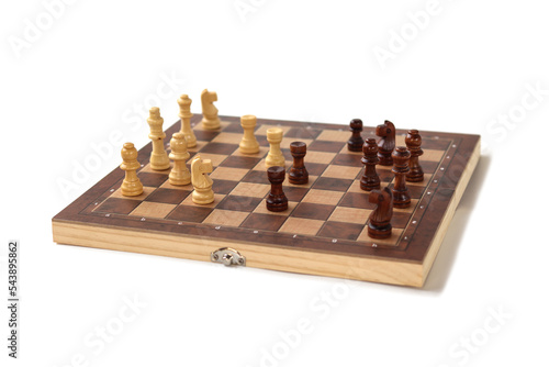 A chessboard with walking figures placed on a white background. Strategy game.