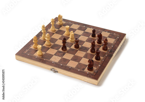 A chessboard with walking figures placed on a white background. Strategy game.