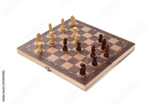 A chessboard with walking figures placed on a white background. Strategy game.