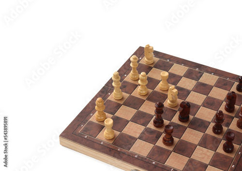A chessboard with walking figures placed on a white background. Strategy game.