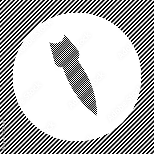 A large falling rocket symbol in the center as a hatch of black lines on a white circle. Interlaced effect. Seamless pattern with striped black and white diagonal slanted lines