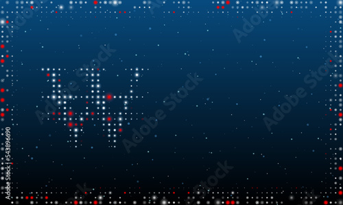 On the left is the Korean won symbol filled with white dots. Pointillism style. Abstract futuristic frame of dots and circles. Some dots is red. Vector illustration on blue background with stars