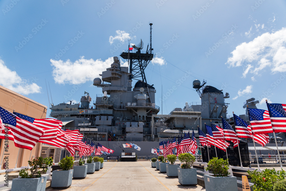 American flags at USS Missouri battleship in Pearl Harbor Honolulu Oahu Hawaii