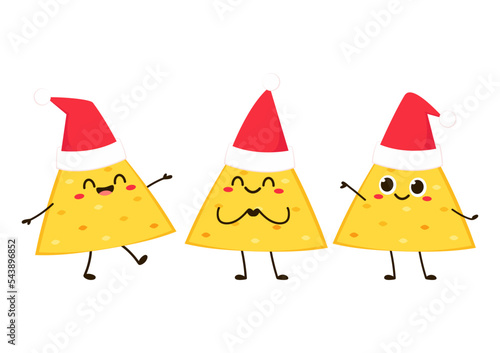 Nacho character design. Nachos on white background. Nacho cartoon in Santa Claus hat.
