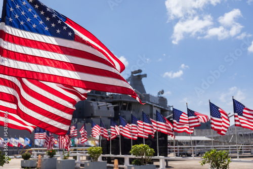 Fényképezés American flags at USS Missouri battleship in Pearl Harbor Honolulu Oahu Hawaii