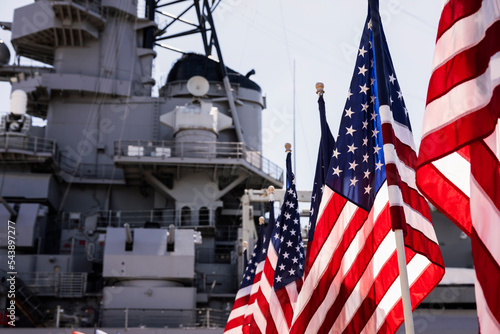 American flags at USS Missouri battleship in Pearl Harbor Honolulu Oahu Hawaii Fototapet
