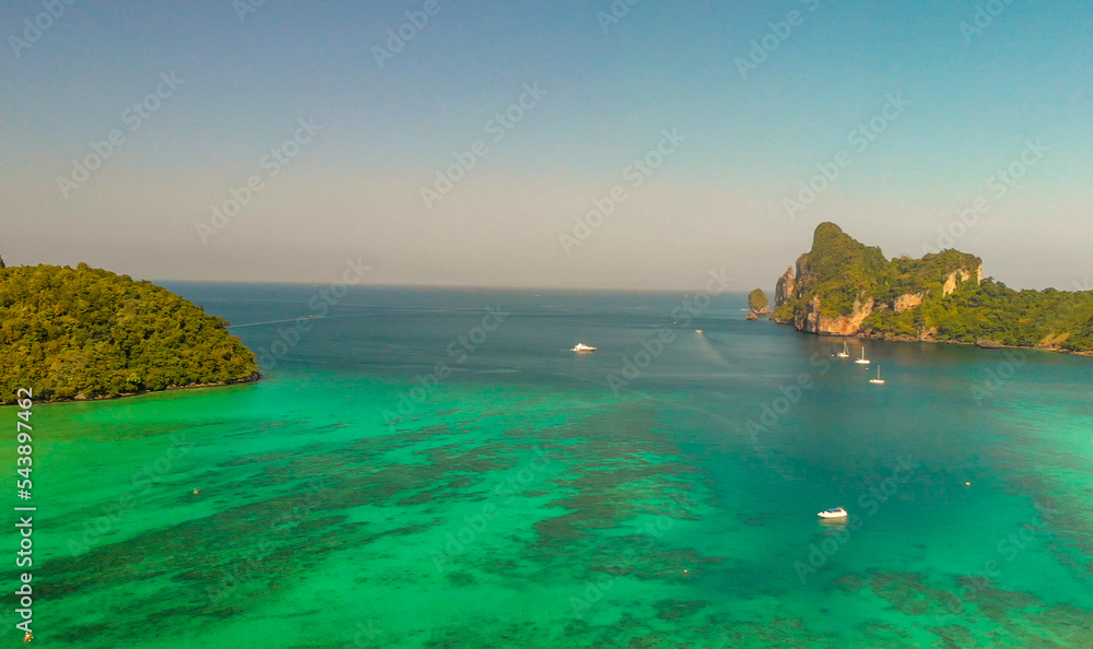 Phi Phi Don, Thailand. Aerial view of Phi Phi Island coastline from drone on a hot sunny day.