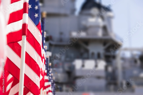 Obraz na płótnie American flags at USS Missouri battleship in Pearl Harbor Honolulu Oahu Hawaii