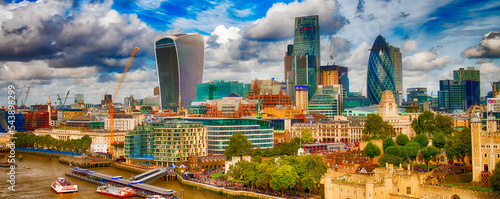 London modern skyline along river Thames on a beautiful sunny day