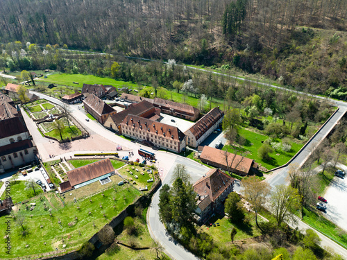 Aerial view of Bronnbach Monastery with castle gardens and church, Wertheim, Baden-Württemberg, Germany, photo